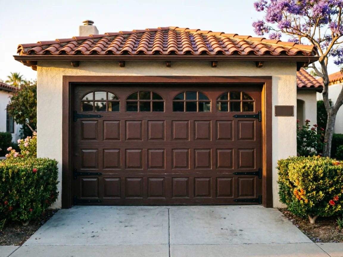 The garage door is brown with arched windows and decorative hinges.