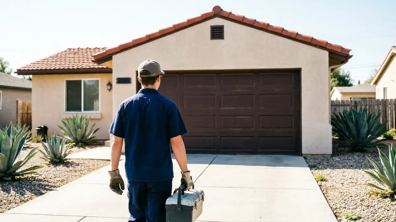 Technician on a stepladder mounting a new opener inside a garage with a black windowed door