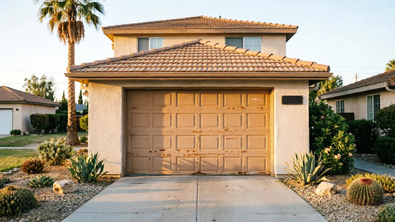 A tan garage door with peeling paint is on a house with a tiled roof.