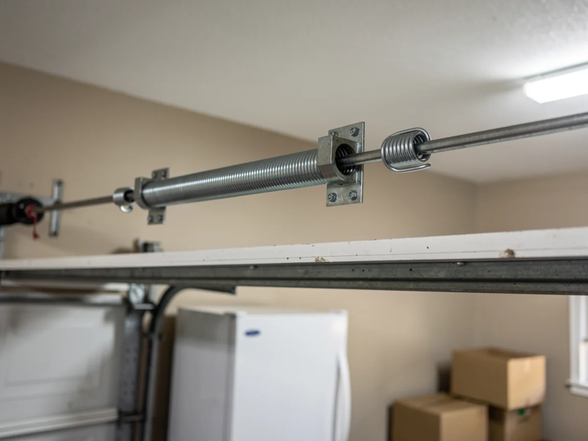 A garage door torsion spring is mounted on a metal rod above the door.