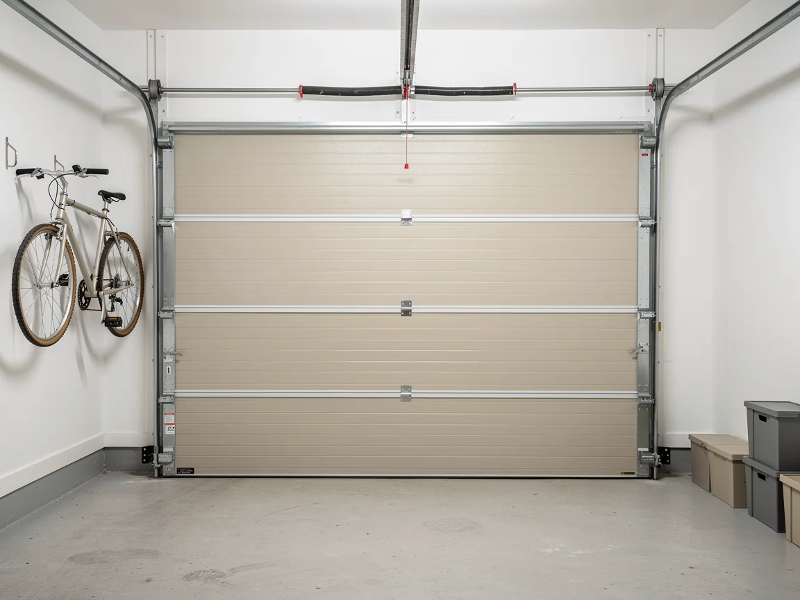 A closed beige garage door with a bicycle hanging on the left wall.