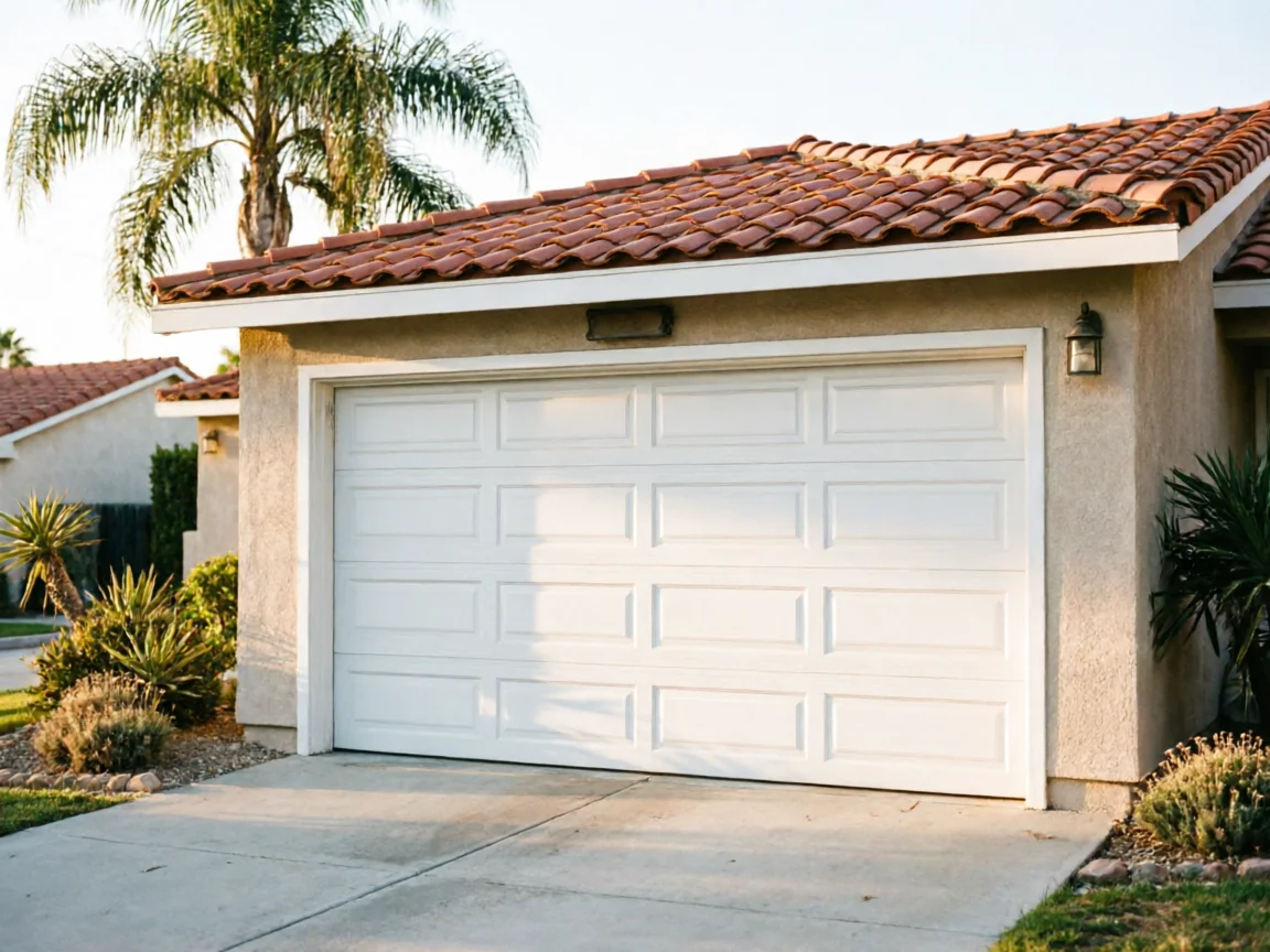 A white garage door is on a house with a red tile roof.